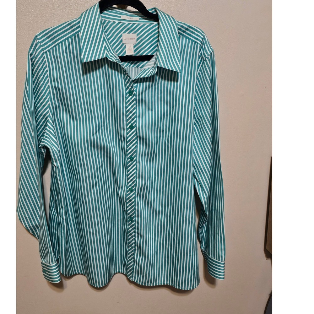 Chicos No-Iron Cotton Button Down Shirt Teal White Striped   Size 3 Large XL